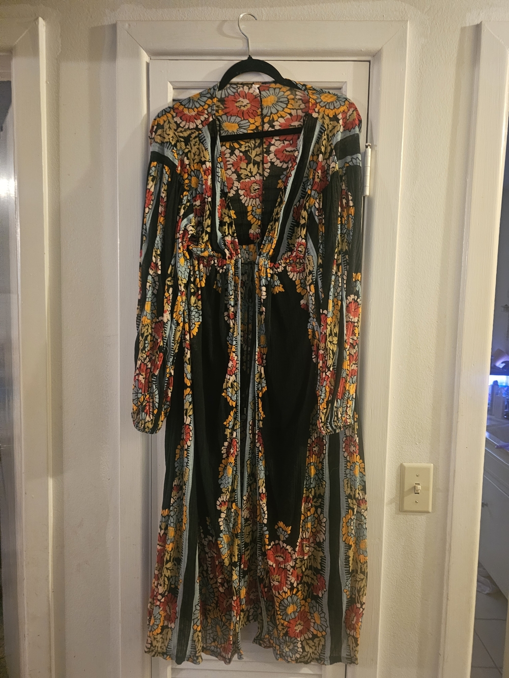 Floral Maxi Wrap Dress with Tie Waist - Black & Multicolor